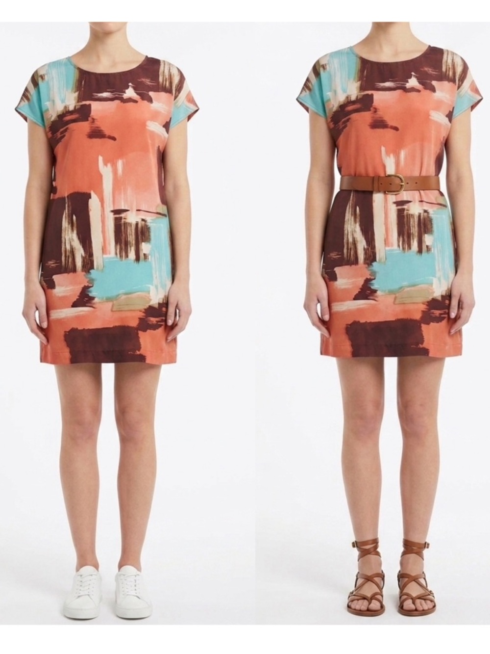 Beth Bowley Anthro Abstract Brushstroke Silk Shift Short Sleeve Dress Size 2